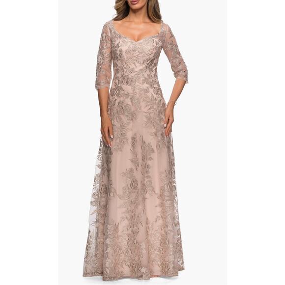 La Femme Floral Embroidered Mesh A-Line Gown Champagne Size 12 NWT 28053 - Picture 1 of 16